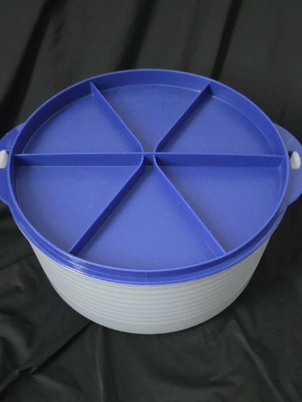 Tupperware Round Cake Carrier with Translucent White Lid and Blue Base